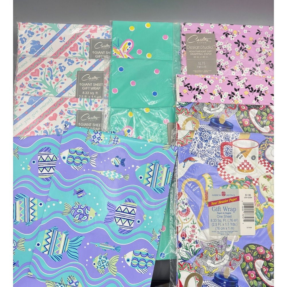 Vtg Carlton Cards American Greetings Gift Wrap Lot Fish Butterfly Floral 10pc